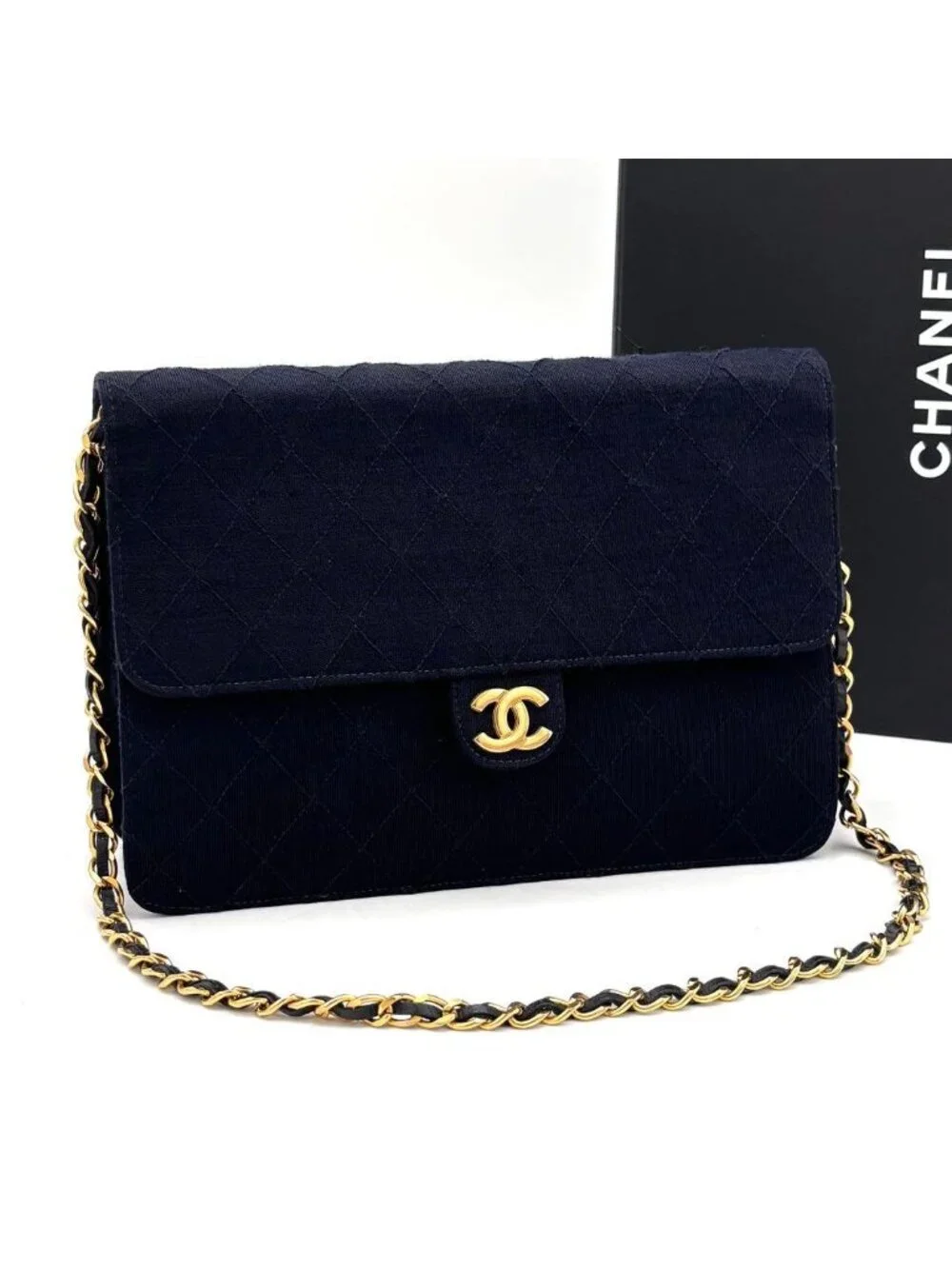 Chanel Quilted Cotton Chain Shoulder Bag Navy Gold